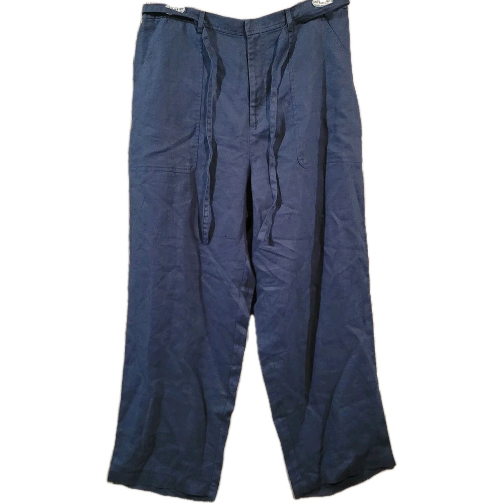 Studio Works Wide Leg Linen Pants 18Wx30 Dark Blue Belted Pockets Coastal Beach